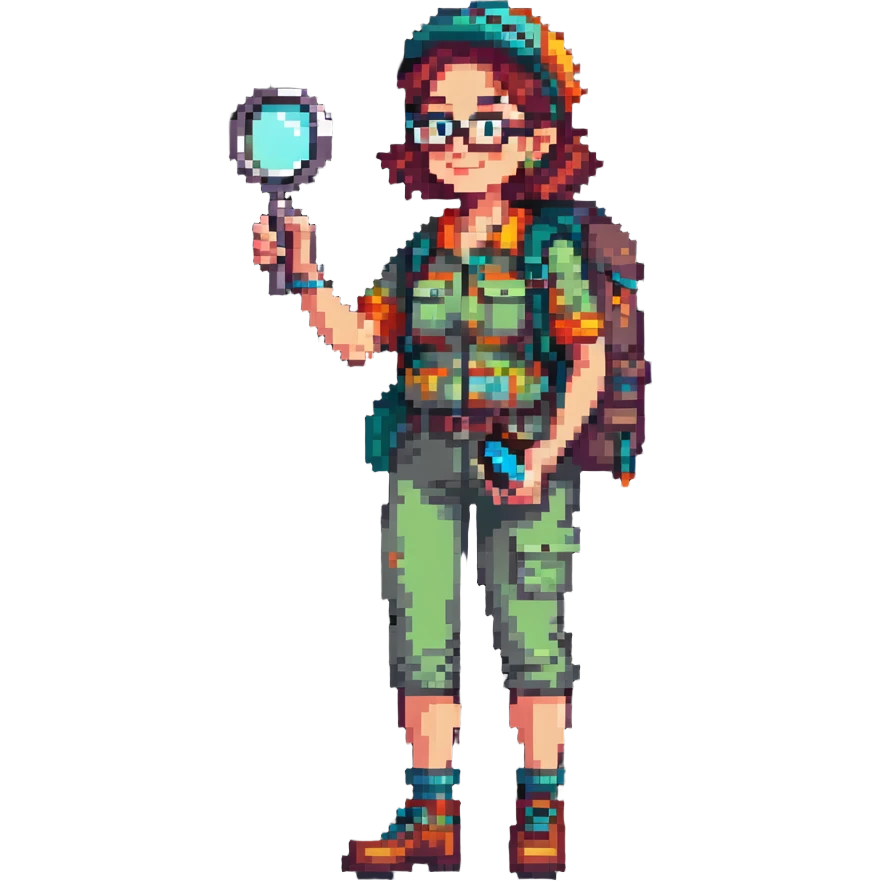 Happy woman explorer in her 40s with glasses, colorful retro hiking outfit, backpack, holding one magnifying glass, detailed pixel art emoji