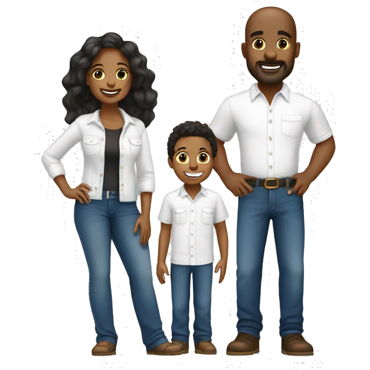 denim duo in white shirts for African American man  bold head and wife with 3 kids boy 10 years and girl 6 years and boy 1.5 years  emoji