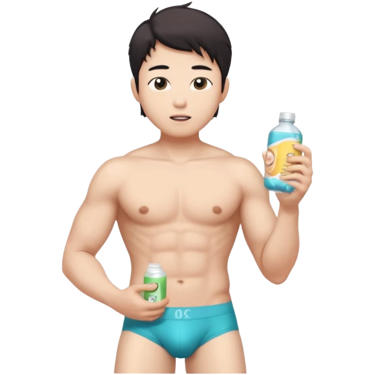 Male shirtless white skin Asian korean six pack sexy big dih lean full body without pants hold condom and jerking off with a little bit hair upper underwear don’t hold any stuff emoji