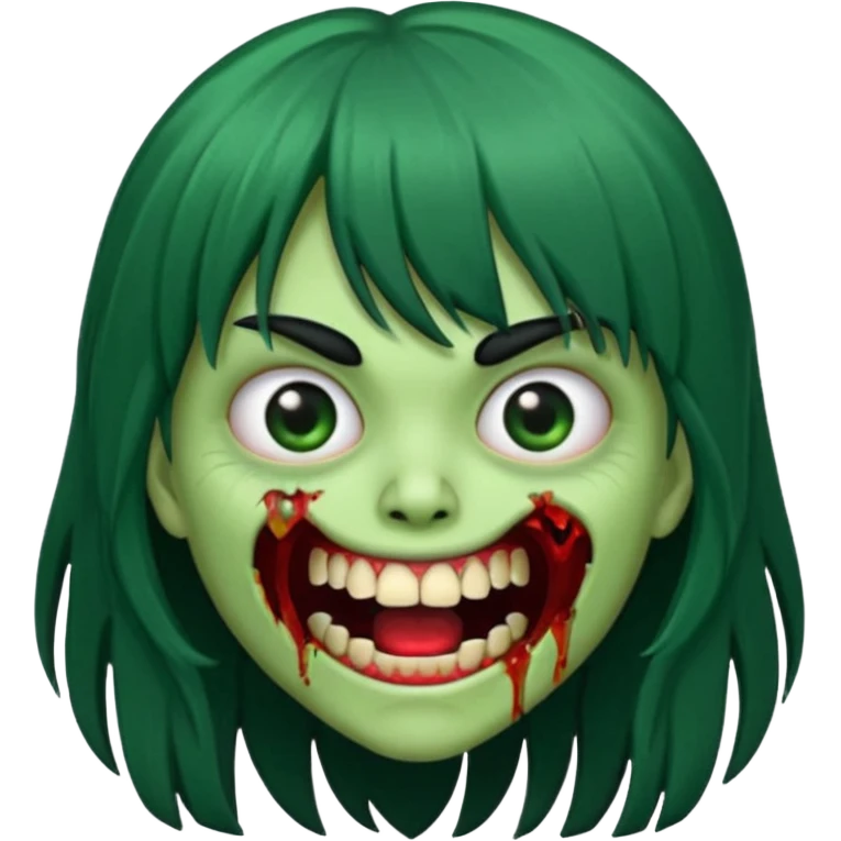 scary zombie emoji, green skin, long black hair with bangs, open mouth showing teeth emoji