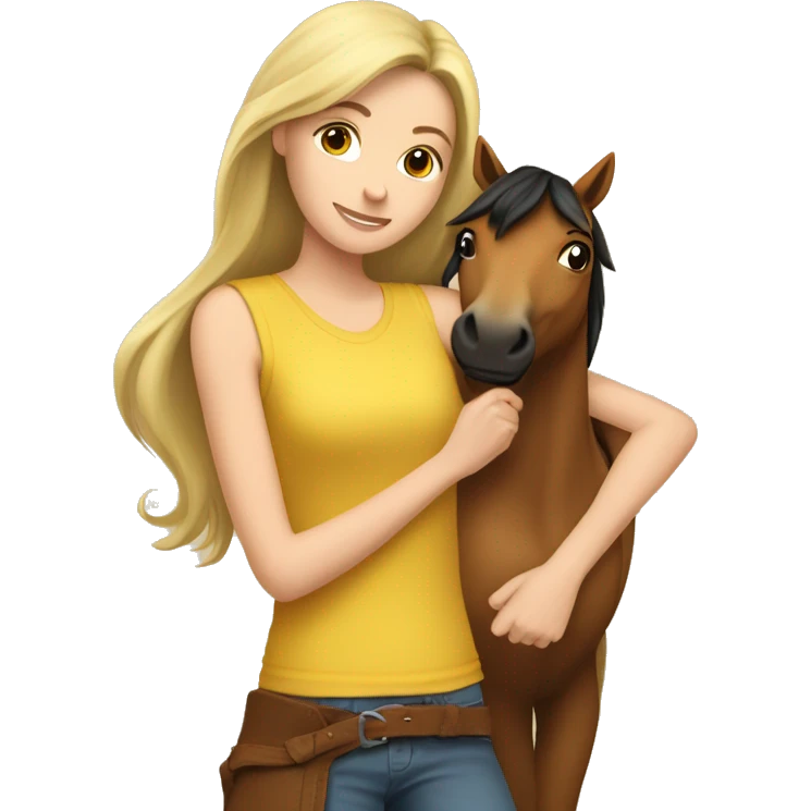 Brunette blonde girl wearing sleeveless yellow shirt snuggling brown horse emoji
