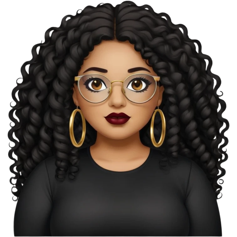 big plus size, latina, darker tan skin, gold hoops, long black curly hair, baddie,pretty, makeup, dark red lipgloss, black eyeliner, long hair, black shirt, black glasses emoji