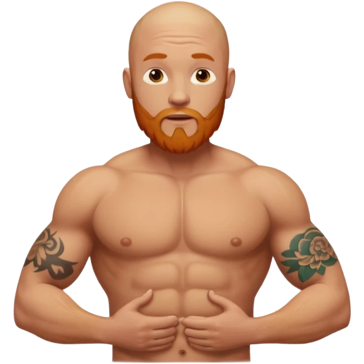 bald guy with a ginger beard an muscles shrugging his shoulders with GODBODY tattoo across stomach  emoji