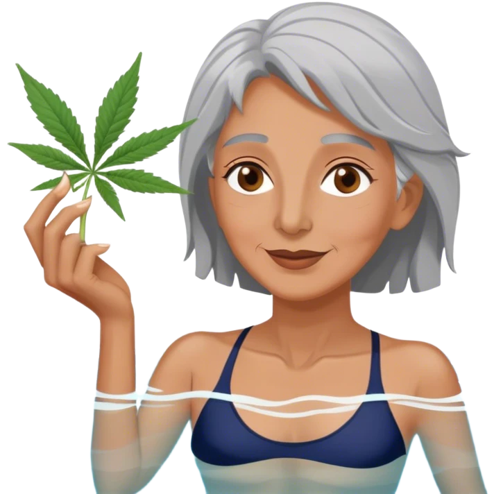 Middle aged, brown eyes, gray haired woman in a swimming pool with marijuna emoji