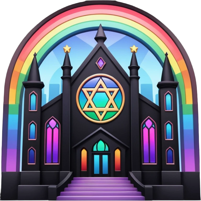 jewish synagogue temple in dark goth aesthetic style with black building and rainbow tint glass windows and star of david emoji