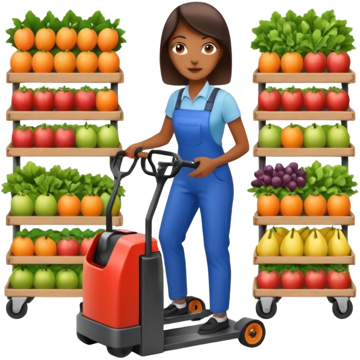 Femme sur un transpalette électrique, portant des canettes de fruits et de légumes emoji