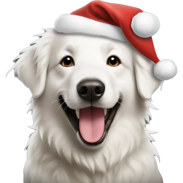 a maremma smiling with his tongue out wearing a santa hat  emoji