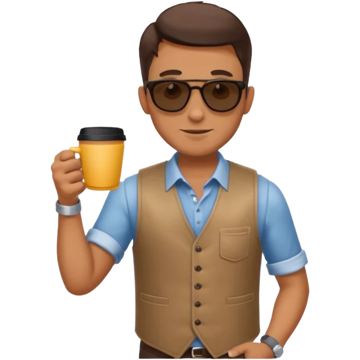 Man in vest, holding coffee, wearing sunglasses emoji