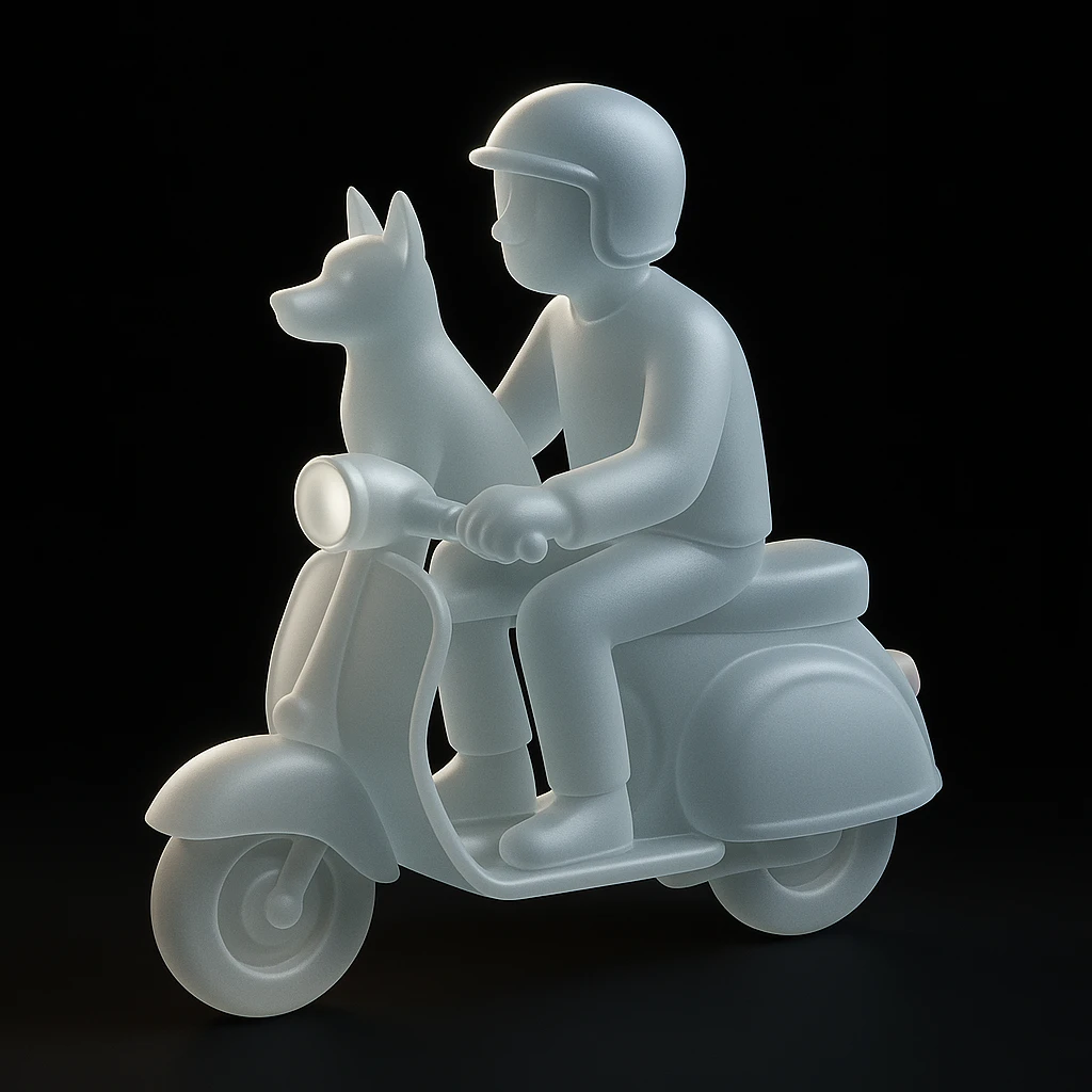 man and his pet dog riding a vespa emoji