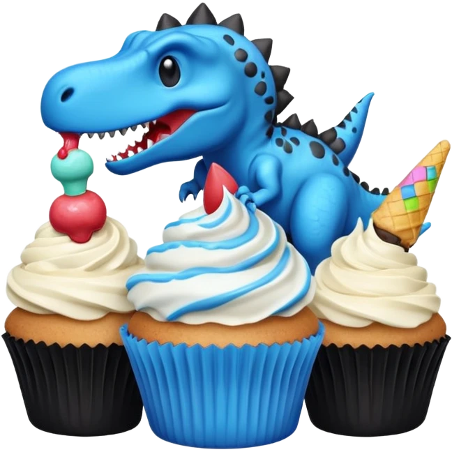 A cupcake having blue and black icing and a dinosaur as a decoration and ice cream next to it emoji