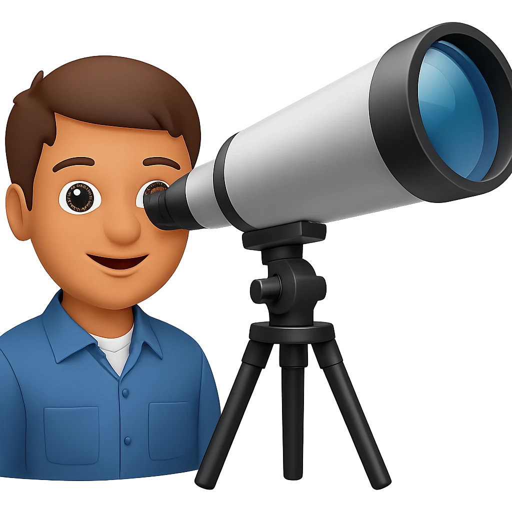 Make the telescope much bigger, keep the person happy, in emoji style with no background. emoji