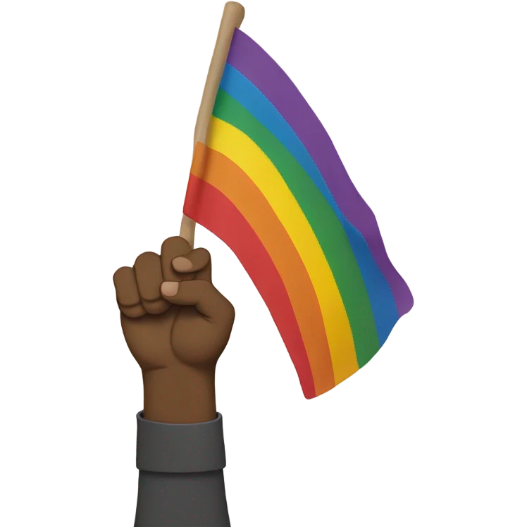 Person holding fist up kneeling on ground rainbow flag behind emoji