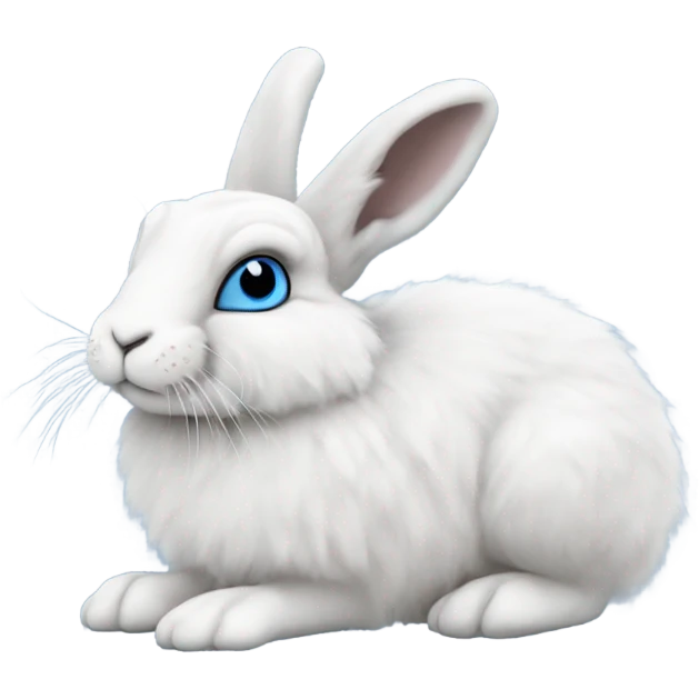 snowshoe hare very fluffy with no feet showing. laying down, side view, blue eyes emoji