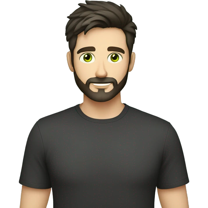 Handsome man with dark hair, holding an cup of coffee, gradient short hair on the side, green eyes. Thin face. Black t-shirt. A little beard. emoji