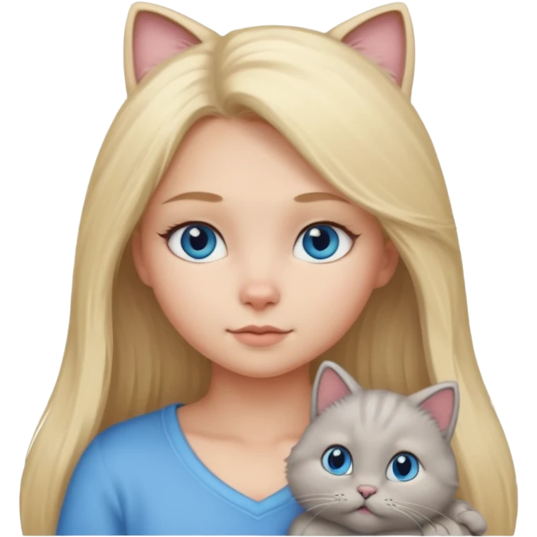 blonde girl with long blonde hair and blue eyes with chubby gray cat emoji