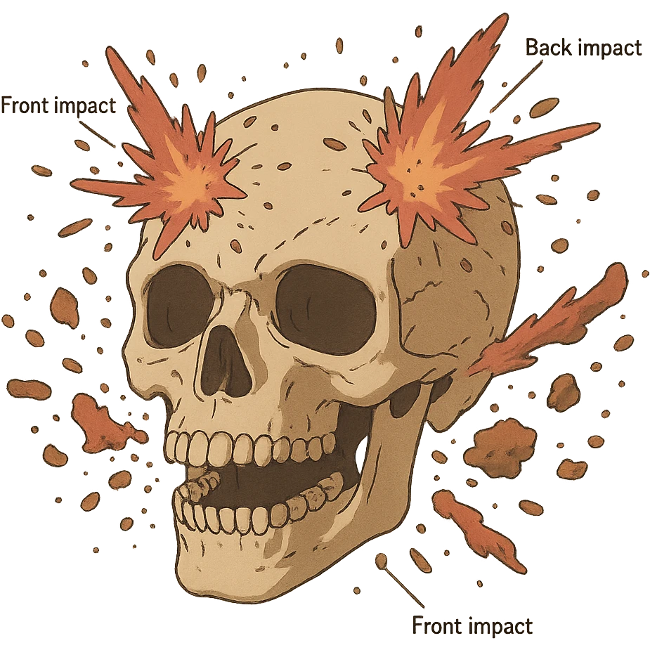 a skull exploding, diagram, front and back impact points,  emoji