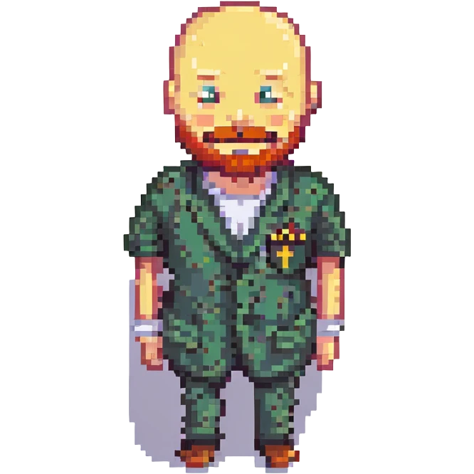 Change the beard color to red, keep the 8-bit pixel art style, bald, smiley, low beard, with no background. emoji