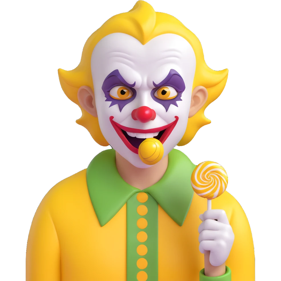 grotesque joker character in a yellow jersey, visibly crying, with a lollipop in his mouth, exaggerated features emoji