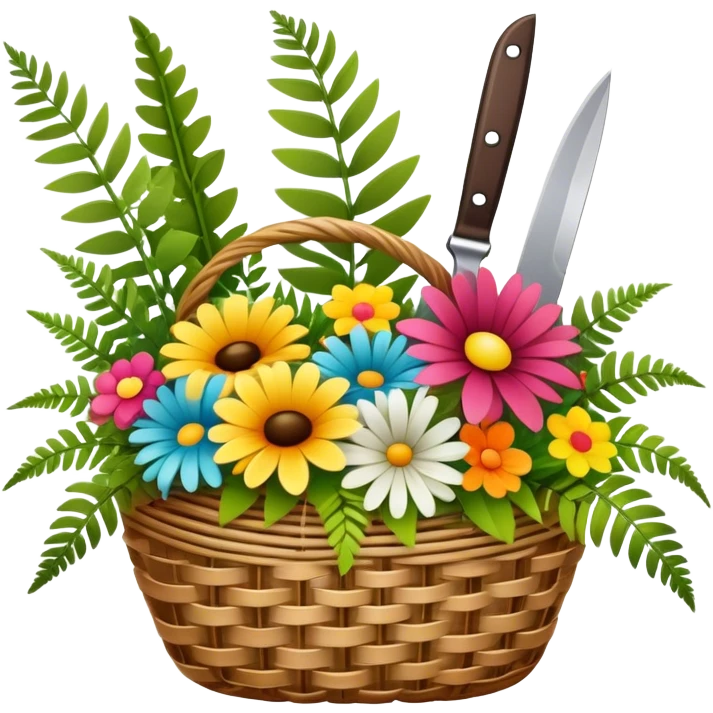 Icon for Floristry: a woven basket with flowers, reeds, ferns, bright ribbons and a small plush toy. Add scissors and knife. The icon should represent creativity in flower arrangement and decorative design. Transparent background. emoji