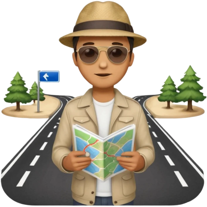 A man stands on a road with a map. There are 3 paths ahead. emoji