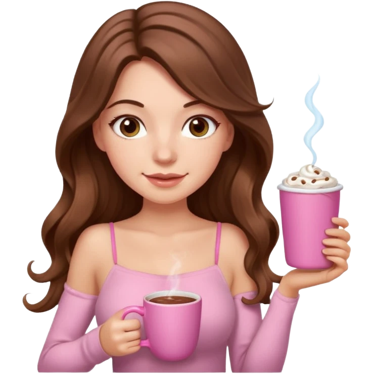 menina branca com cabelos castanhos longos ondulados com xícara rosa na frente com chocolate quente, com blusa de alça fina emoji