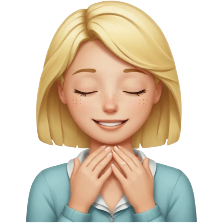 Happy blonde girl with eyes closed and mouth smiling and hands cupped around her neck emoji