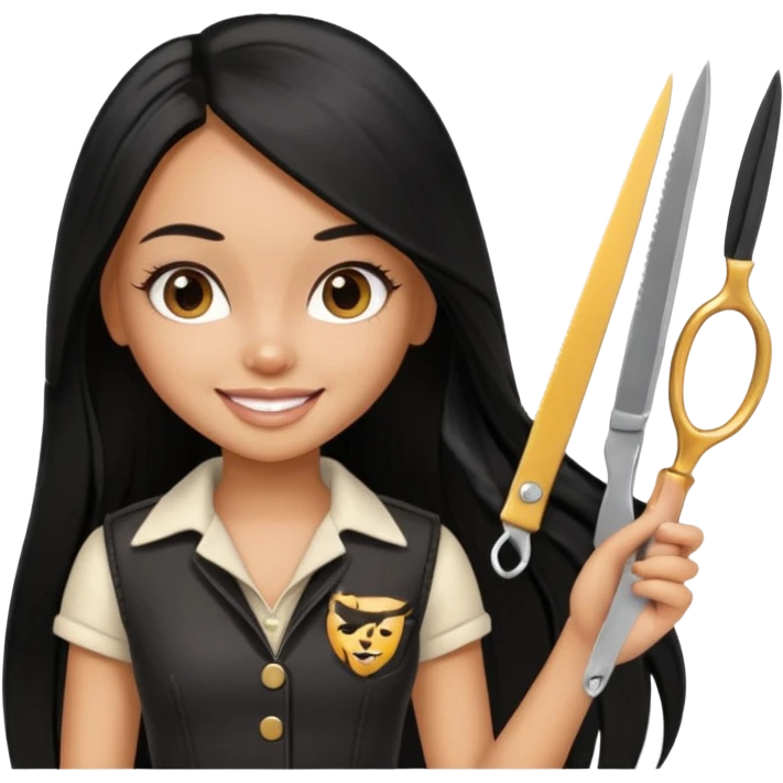 a pretty tan bratz girl with black long straight hair smiling and holding scissors emoji
