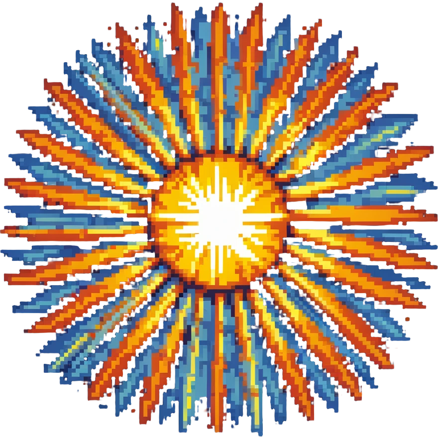 Bomberman explosion center tile animation frame 2, full size bright fiery explosion core, yellows and oranges radiating from center, peak of explosion emoji