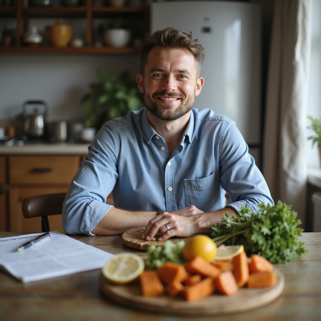 realistic image of a man sitting at a table with healthy balanced food, visible nutritional plan on the table, positive atmosphere, realistic details, home environment emoji