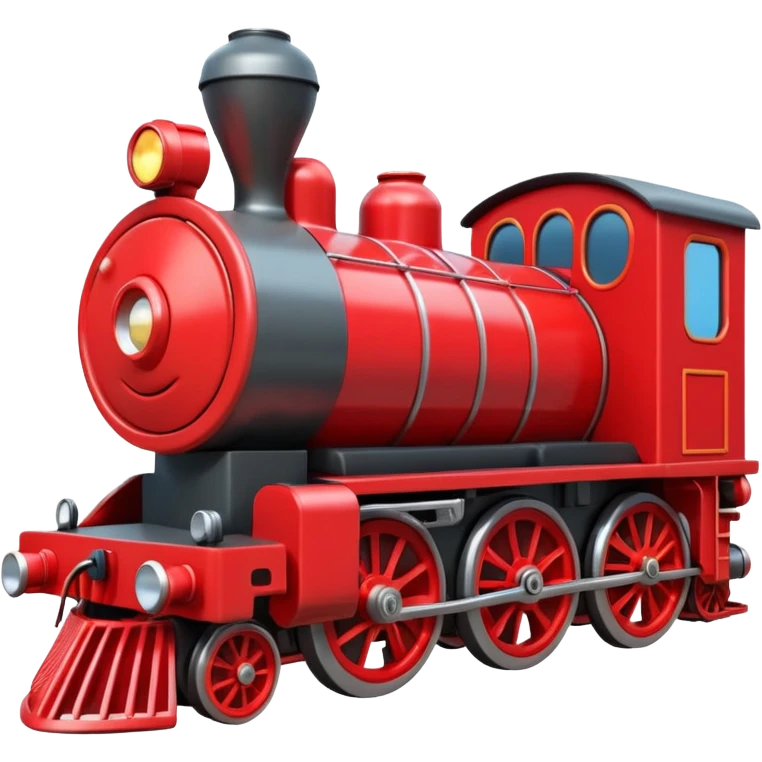 A 3D cartoon red train engine with headlights and wheels visible, realistic reflections, Memoji-style. emoji