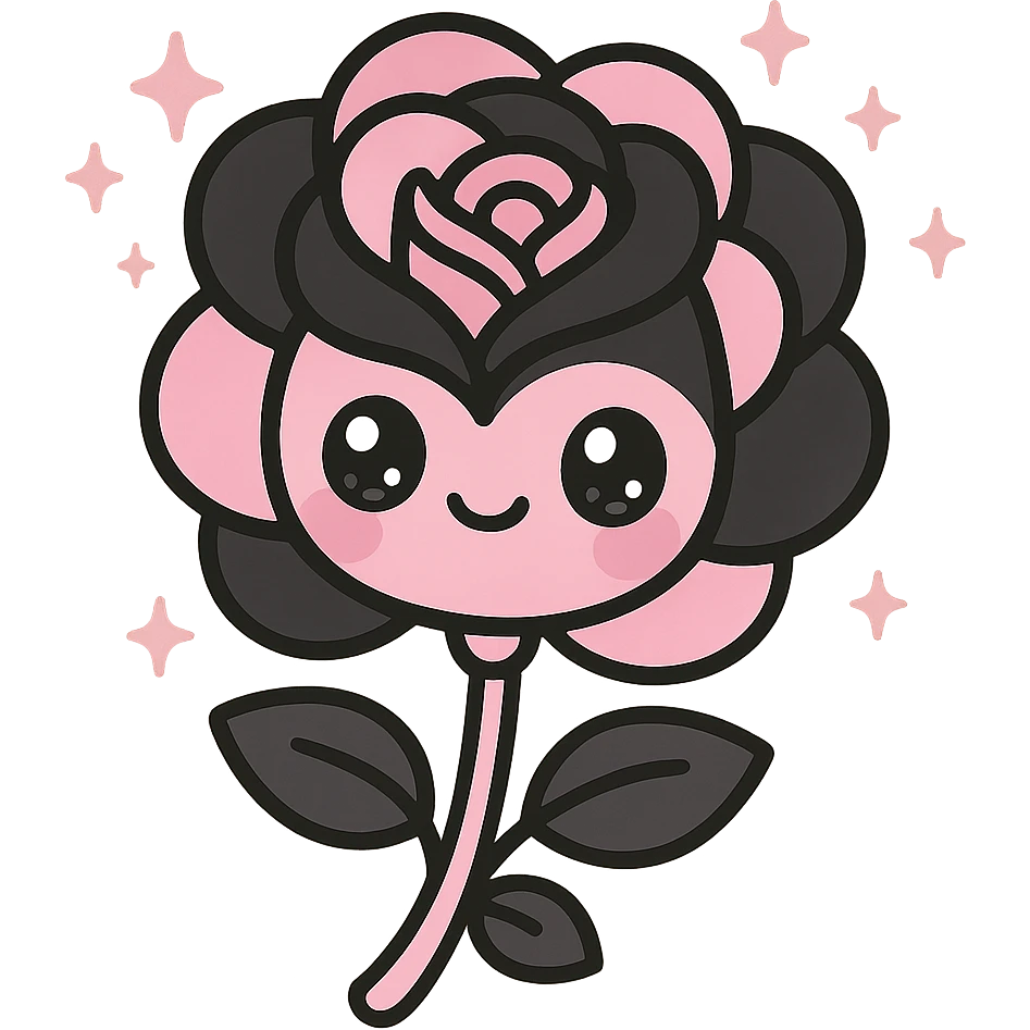 kawaii style magical gothic rose inspired by BLACKPINK, cute face, black and pink petals, surrounded by sparkles, sweet and stylish emoji