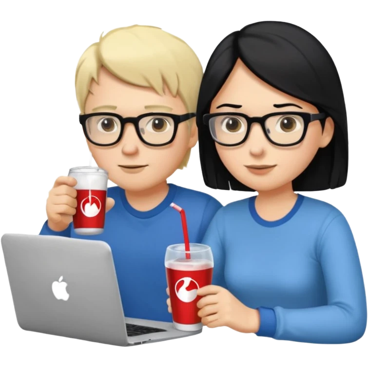 Hombre blanco con gafas, pelo negro tomando un refresco frente a un ordenador con ropa de sport, mujer rubia en la pantalla del ordenador tomando café emoji