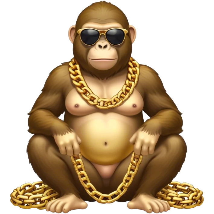 ape with big golden chain on the neck wearing sunglasses sitting on the big pile of gold  full height. emoji