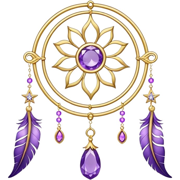 Epic beautiful gorgeous cute gold suncatcher, threads with shiny sparkly amethyst gemstones, flowers, crescents-moons, stars, violet Feathers  emoji
