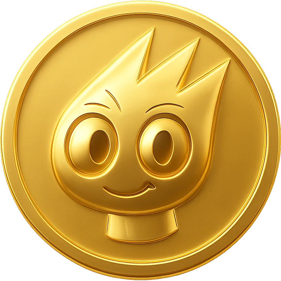 Create a simple flat gold coin with a thin rim, transparent background, no shadows. Feature only the mascot's head from the provided image in gold, centered. No neck or extra details, just the head. Style matches previous option 3 (gold objects style). emoji