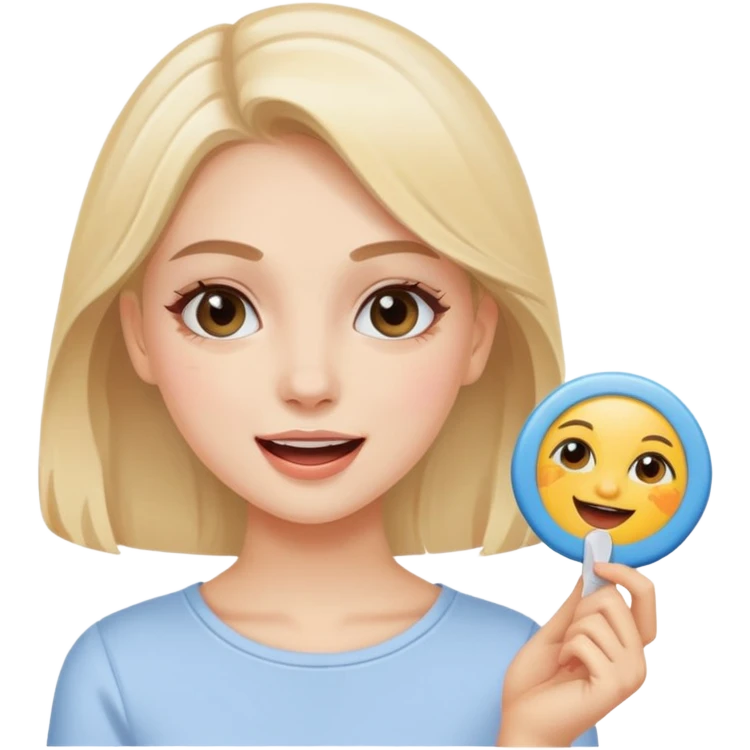 An aesthetic girl with a clean face and delicate shades advertises a sticker pack cosmetics with emotions of excitement emoji