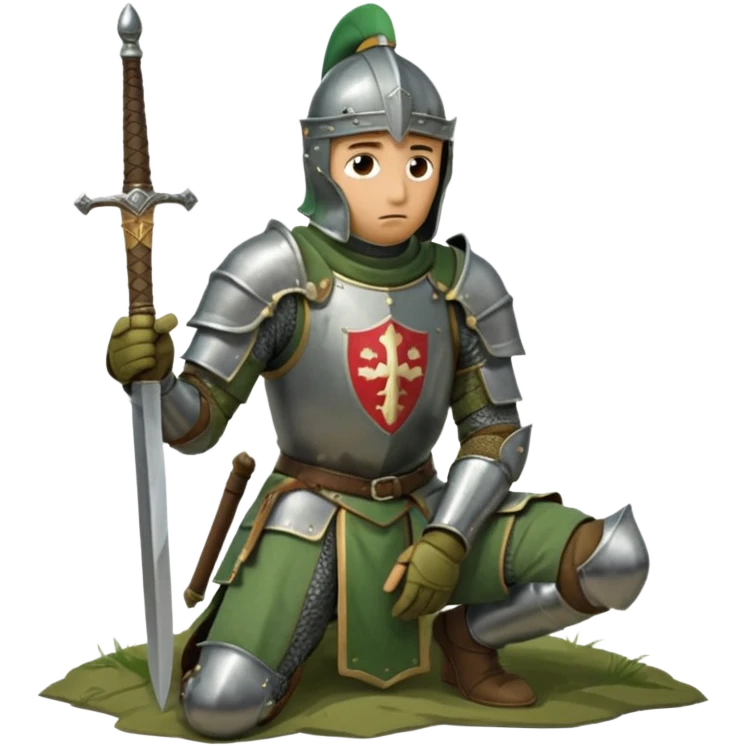 A lone medieval knight in a green worn armor kneels. His helmet is closed, hiding his face, conveying silence, exhaustion and contemplation. A long sword is planted in the ground beside him, its hilt resting near his gloved hands as if he is praying or resting after battle. emoji