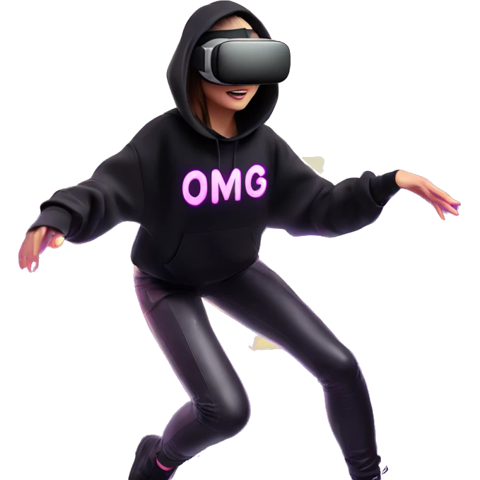 Russian girl wearing black hoody with violet letters "OMG", in vr headset oculus quest2. Dancing. Cyberpunk style. Violet neon. emoji