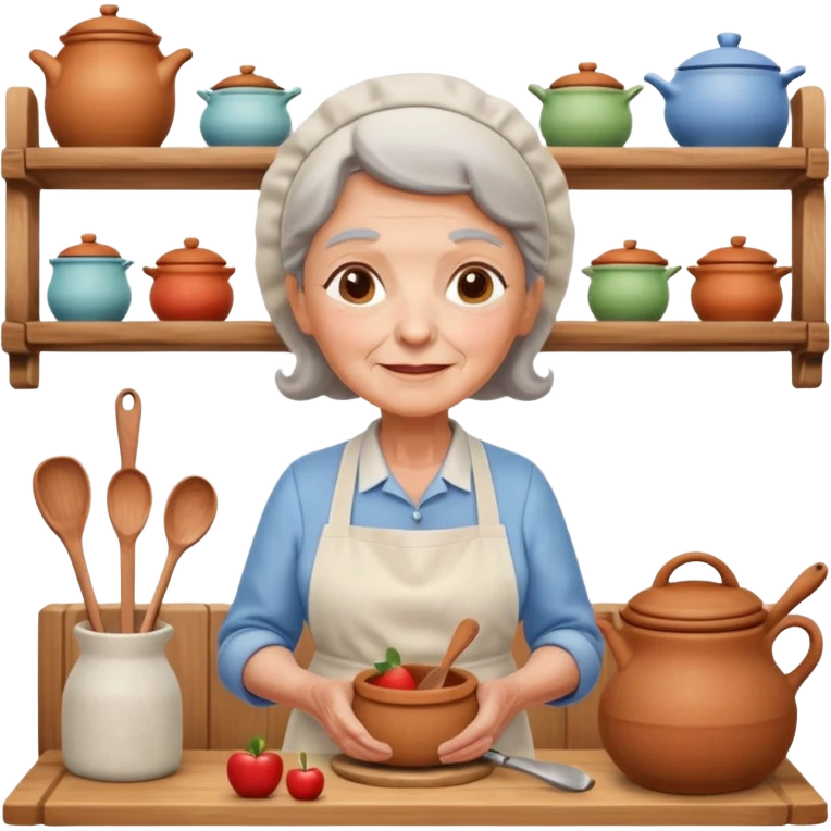 cartoon Apple iOS emoji style rural elderly woman, pastel colors, Chilean wooden kitchen background, clay pots, warm light, detailed and clean vector art emoji