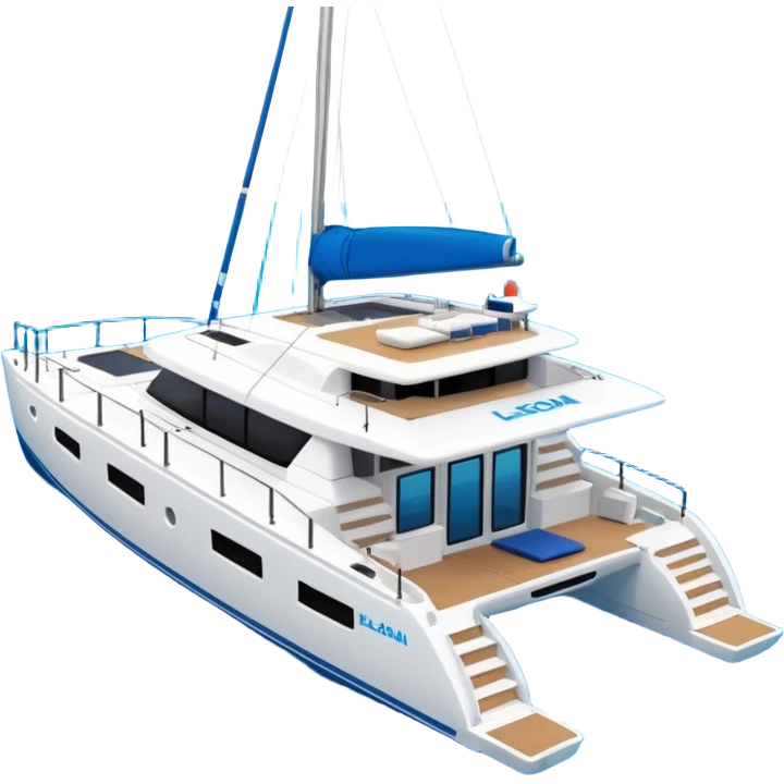 a lagoon 42 catamaran with no wording on the boat and an i message chat bubble icon coming out the top of the boat  emoji