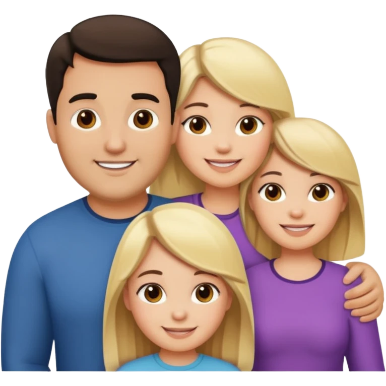 Familia de 4 personas sonriendo: Hombre gordito pelo oscuro, Mujer pelo cafe, hija 1 pelo mono e hija 2 pelo oscuro.sólo 4 personas. emoji