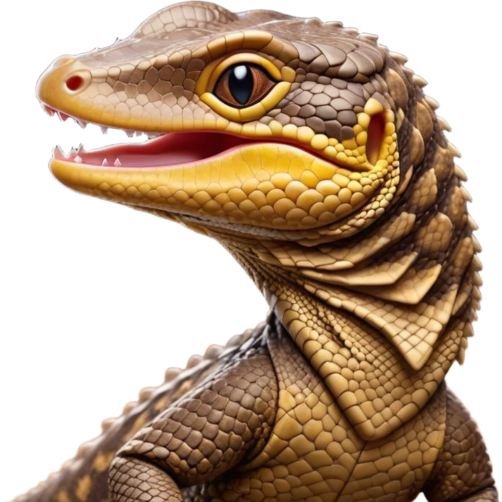 Cinematic Cute Yawning brown camo spotted monitor Lizard Portrait Emoji, Head tilted slightly with a dramatic, wide-open yawn, showcasing textured, patterned scales and sleepy, half-closed eyes exuding relaxed charm, Simplified yet irresistibly adorable features, highly detailed, glowing with a soft, cozy glow, high shine, relaxed yet expressive, stylized with a dash of whimsical wildness, soft glowing outline, capturing the essence of a drowsy yet affectionate reptile that appears ready to stretch out for a nap! emoji