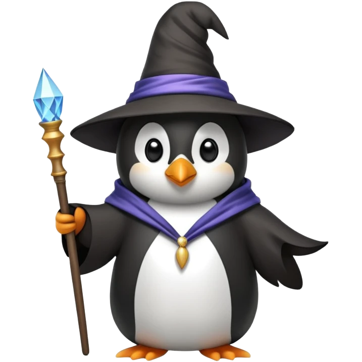 penguin wearing a wizard hat and robe, holding a magic wand emoji