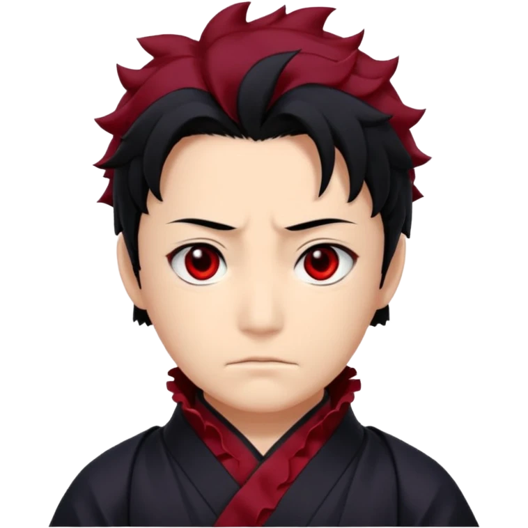 Tanjiro Kamado has a kind, yet determined, appearance with ruffled, black hair that has red/burgundy tips. His most prominent facial features are his wide, dark red eyes and a distinctive scar on the top left of his forehead. emoji