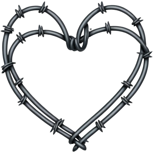 Minimal black line art heart made from barbed wire, hand-drawn sketch look, uneven ink strokes, 6–7 barbs with twisted knots, simple clean outline, centered on plain white background, high contrast emoji