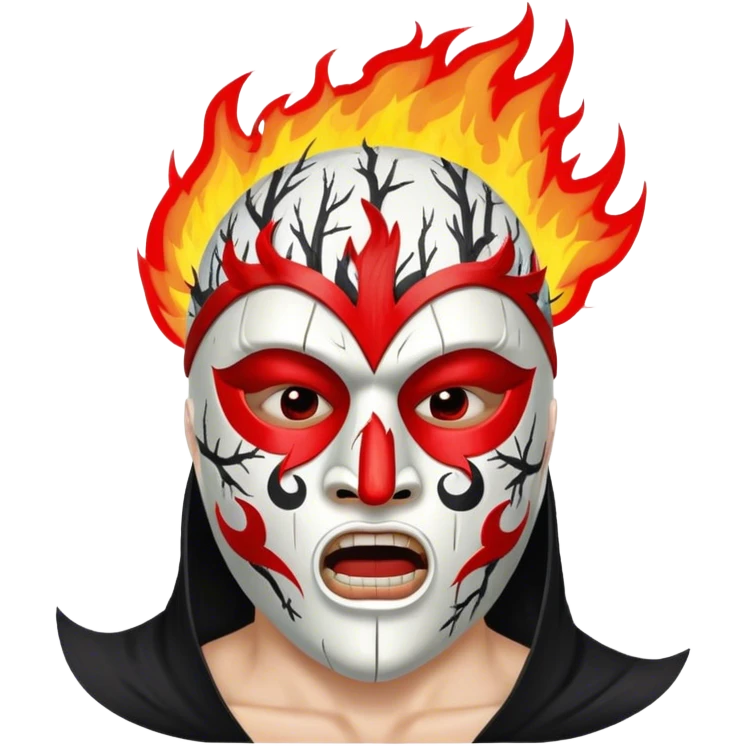 birch tree male mask in kokoshnik expressing anger, white, black and red palette, the texture has black marks, red fire at the top emoji