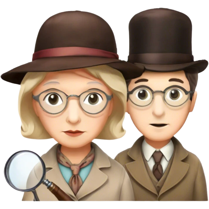Icon for Detective Movies: A colorful collage with Sherlock Holmes, Miss Marple, and Pinkerton. Include magnifying glasses, clues, and detective tools. The design should evoke mystery and intrigue, with a classic detective movie feel. Transparent background. emoji