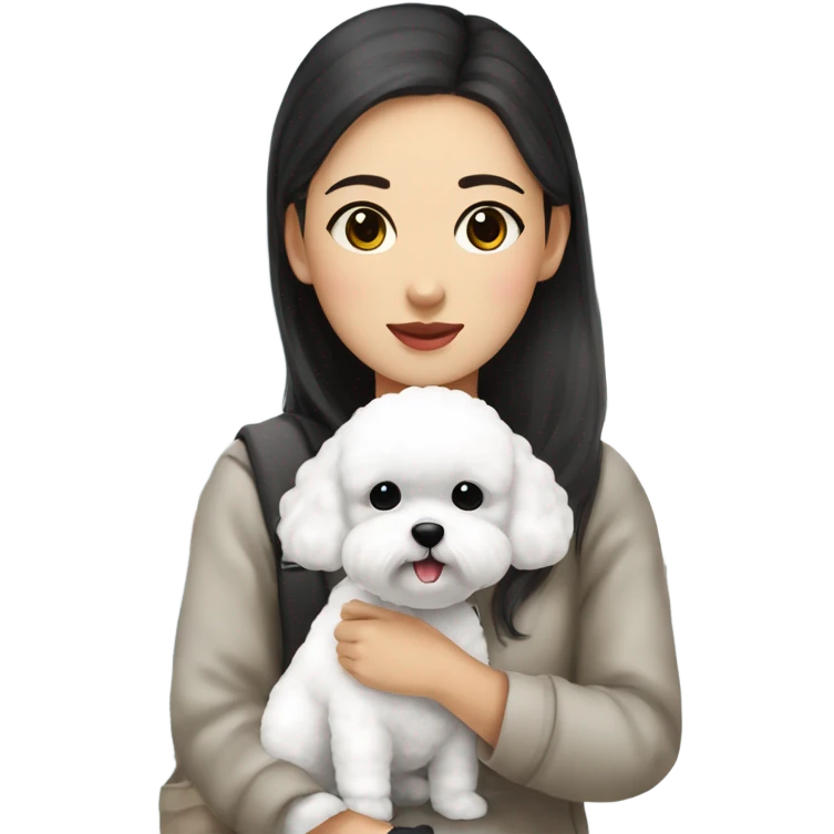 A cute korean style bichon frise with a dark-haired in a bun Asian woman at the airport  emoji