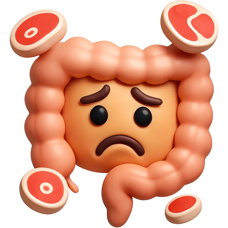 emoji stile iphone in 3d di un intestino triste con fette di carne che gli fluttuano intorno emoji