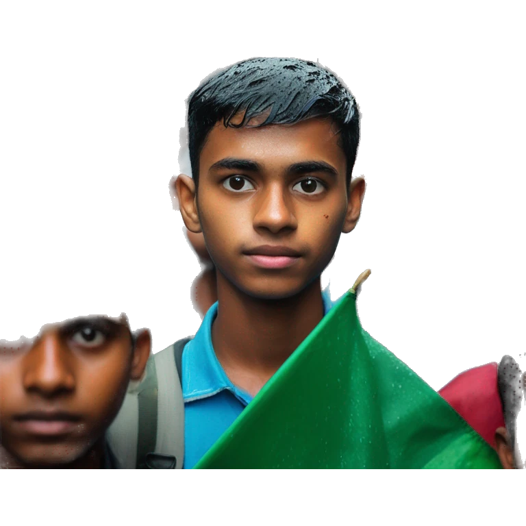 A 20-year-old boy stands on the streets of Dhaka city in the rain with a Bangladeshi flag in his hand. Behind hundreds of students are standing with the flag of Bangladesh emoji
